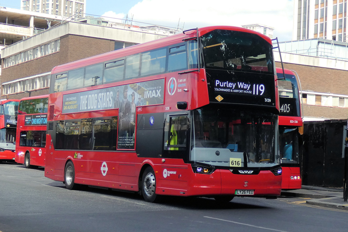 Transport UK Wrightbus StreetDeck Electroliner works route 119 in Croydon on 22nd August 2026, the day the route was taken over from Go-Ahead London. Photo by Thomas Young
