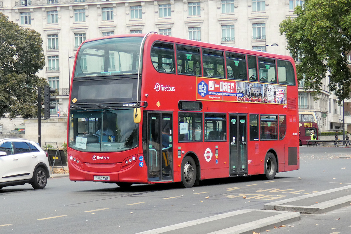 First Bus London ADH45066 on route 23 at Marble Arch on 28th August 2026. Photo by Thomas Young
