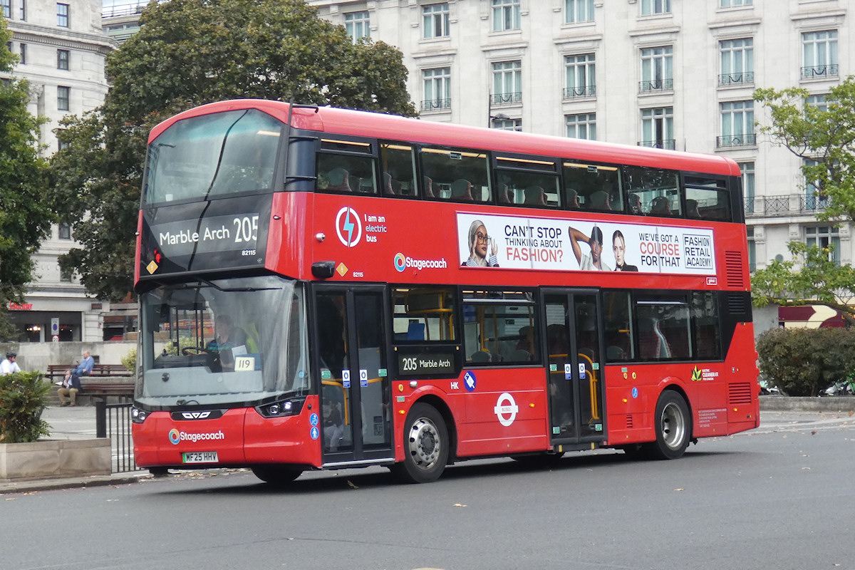 Stagecoach London Wrightbus StreetDeck Electroliner 82115 on route 205 at Marble Arch on 28th August 2026. Photo by Thomas Young