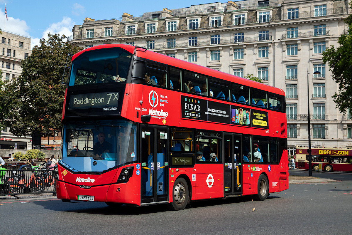 Metroline WDE2860 on route 7X at Marble Arch on 31st August 2026. Photo by Keith Wood