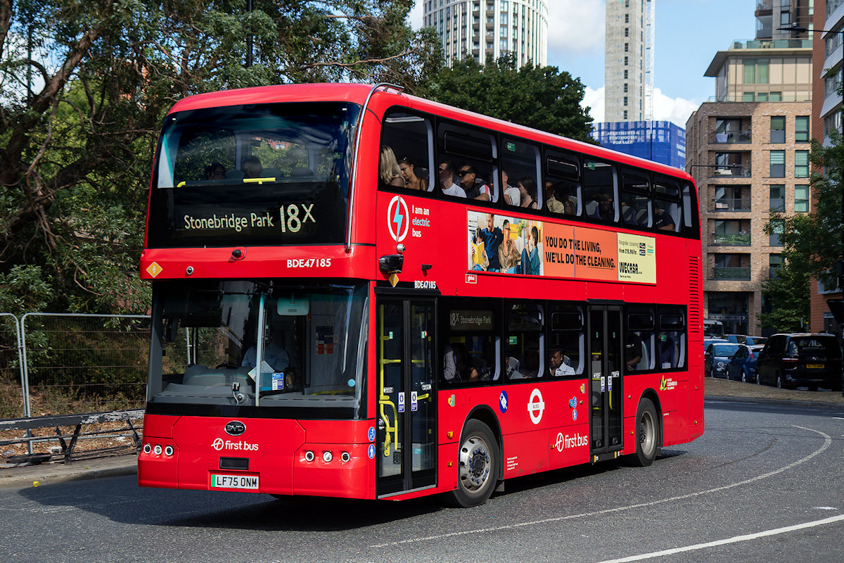 First Bus London BYD B11E02 BDE47185 on route 18X at Harrow Road on 31st August. Photo by Keith Wood